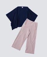 【SET-UP】Royal Organic Cotton Poncho in Navy & Wide Pants Greige