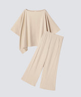 【SET-UP】Royal Organic Cotton Poncho & Wide Pants Beige