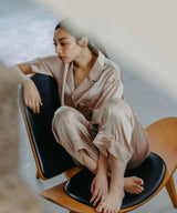 【Tops】Silk Pajamas Half Sleeve Pink Beige