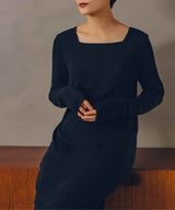 Silk Blend Rib Knit Dress Navy