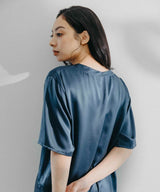 【SET-UP】Silk Satin Pullover & Bottoms Elegant Navy
