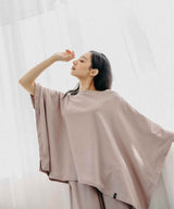【SET-UP】Royal Organic Cotton Poncho in Navy & Wide Pants Greige