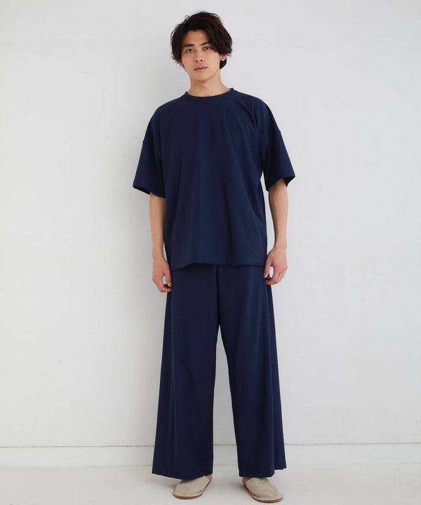 【Co-ord】Royal Organic Cotton T-Shirt and Wide Pants Navy - Foo Tokyo