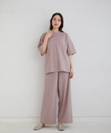 【Co-ord】Royal Organic Cotton T-Shirt & Wide Pants  Greige - Foo Tokyo